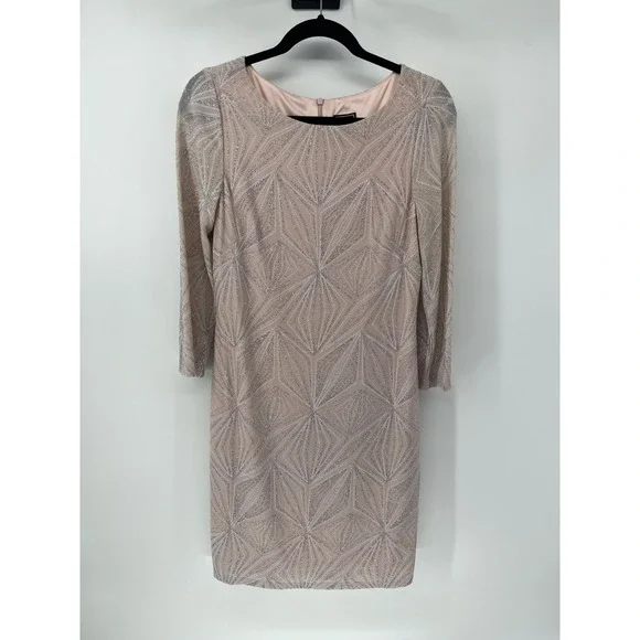 JH Evenings Pink Silver Metallic Geometric Sheath Dress 3/4 Sleeve Size 8 - Picture 2 of 8